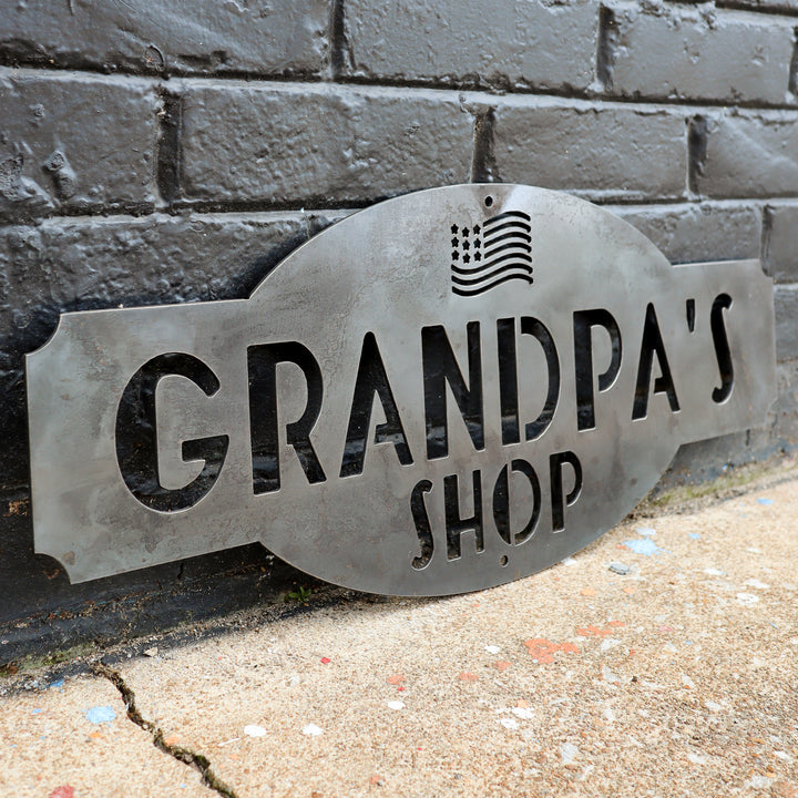 Grandpa's Shop - Personalized American Flag Metal Shop Sign