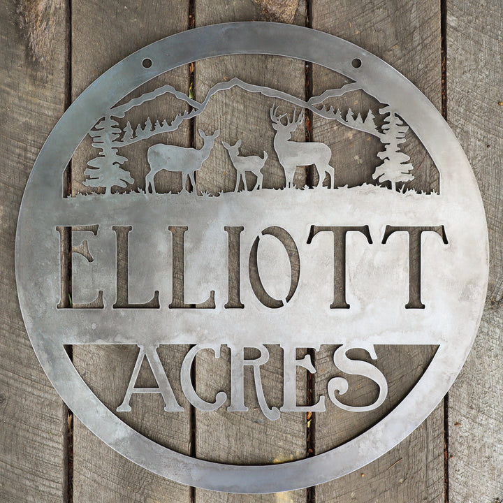 Hanging Metal Woodland Mountain Sign - Personalized Rustic Wilderness Cabin Wall Art