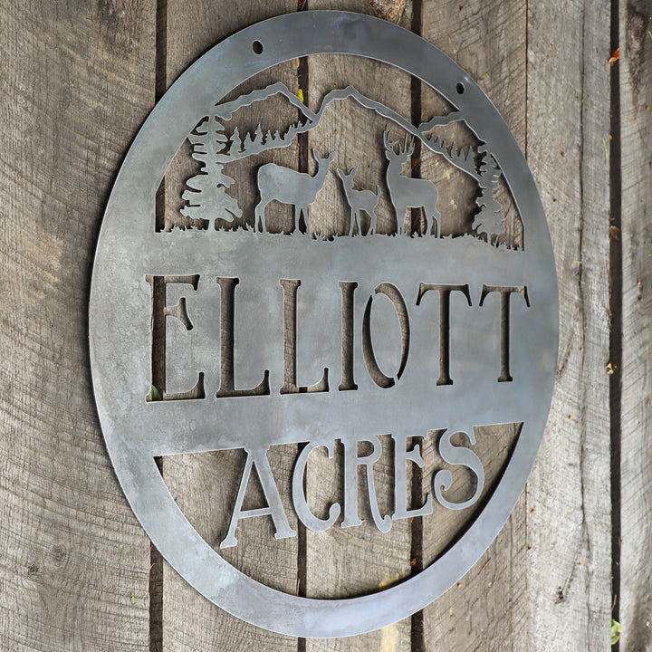 Hanging Metal Woodland Mountain Sign - Personalized Rustic Wilderness Cabin Wall Art