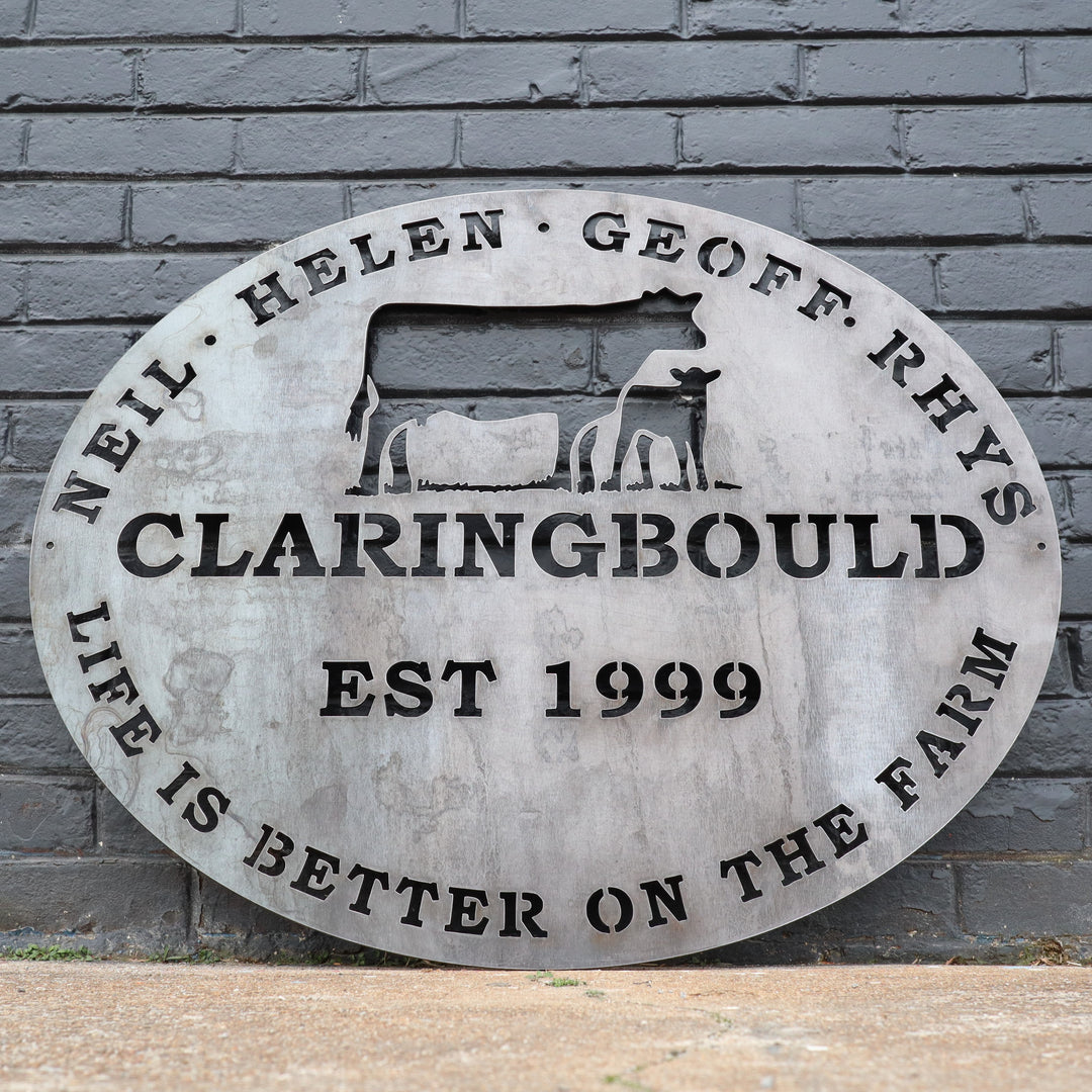 Personalized metal farm sign with custom text and year