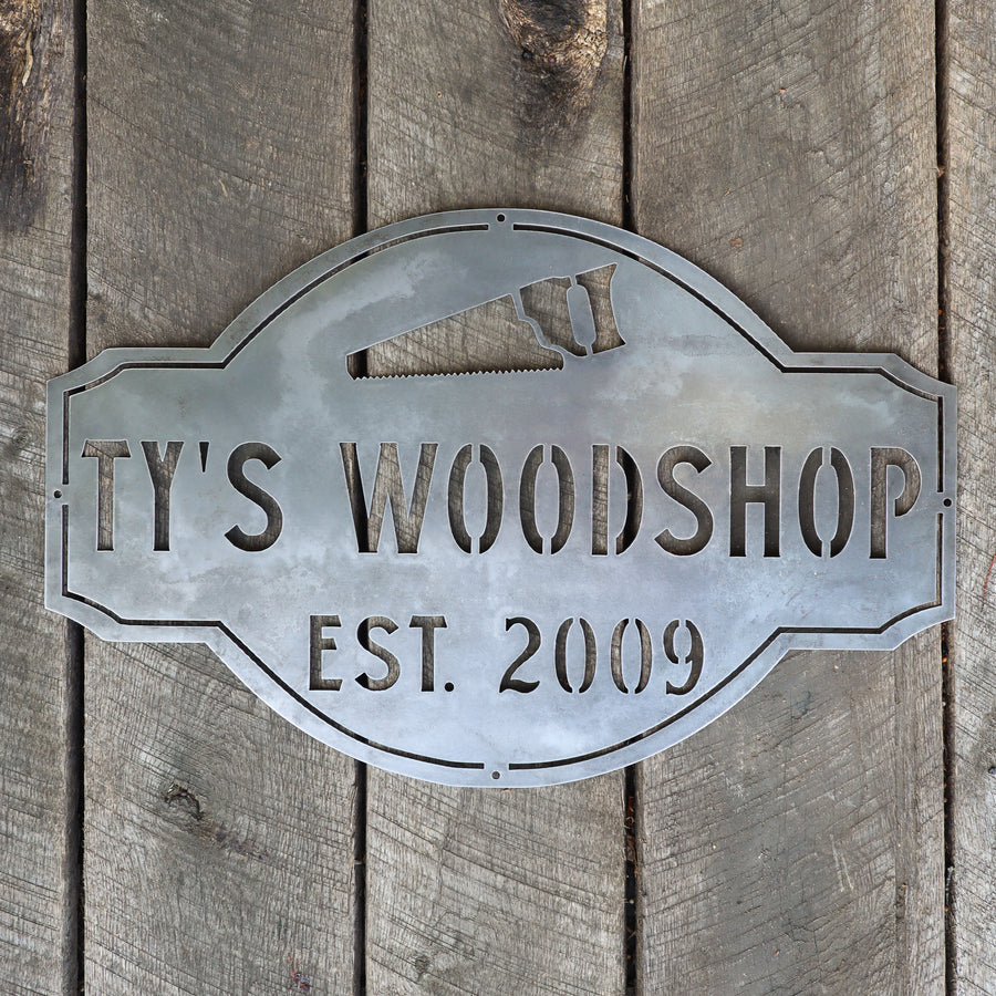 Personalized Woodshop Metal Sign - Vintage Workshop Decor - Man Cave Garage Wall Art