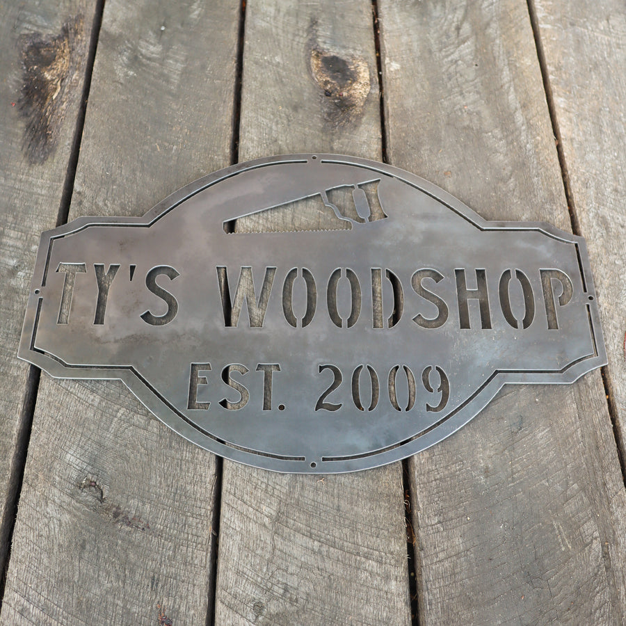 Personalized Woodshop Metal Sign - Vintage Workshop Decor - Man Cave Garage Wall Art