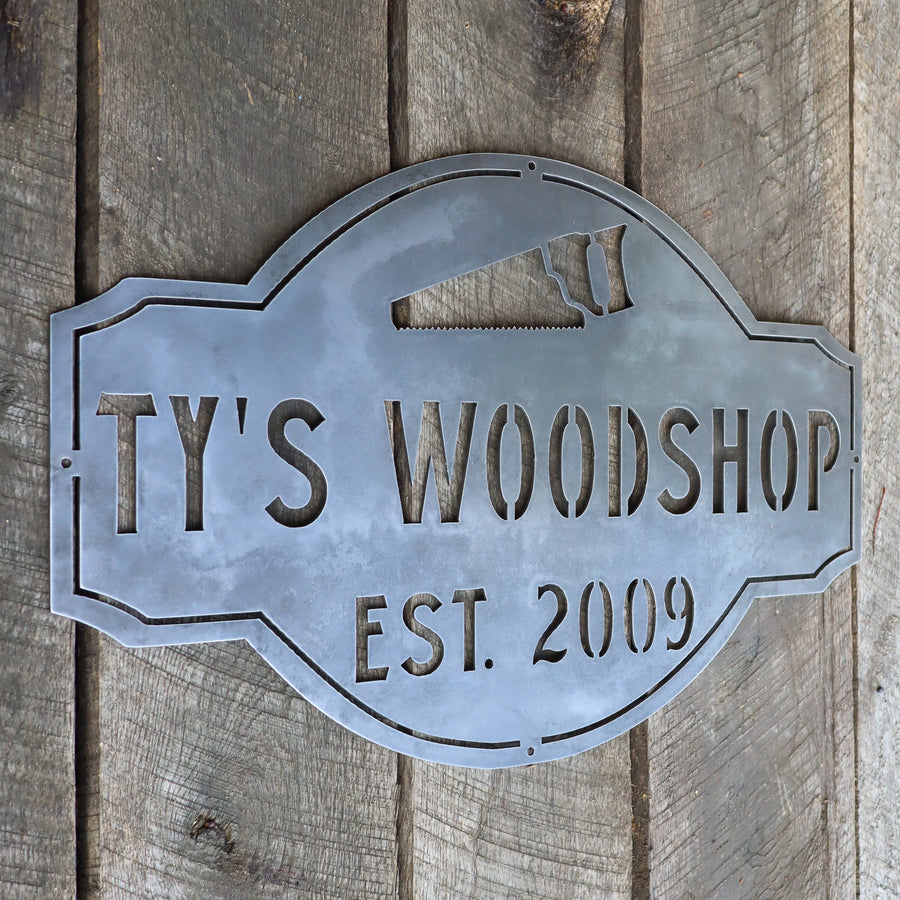 Personalized Woodshop Metal Sign - Vintage Workshop Decor - Man Cave Garage Wall Art