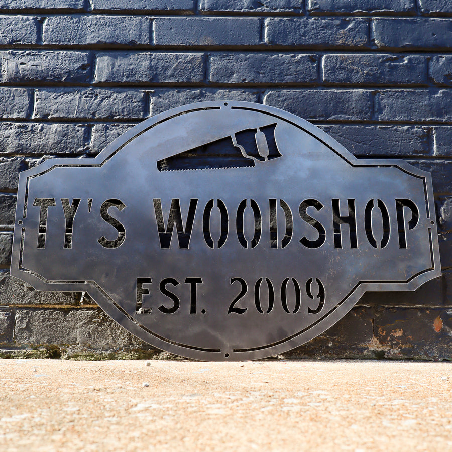 Personalized Woodshop Metal Sign - Vintage Workshop Decor - Man Cave Garage Wall Art