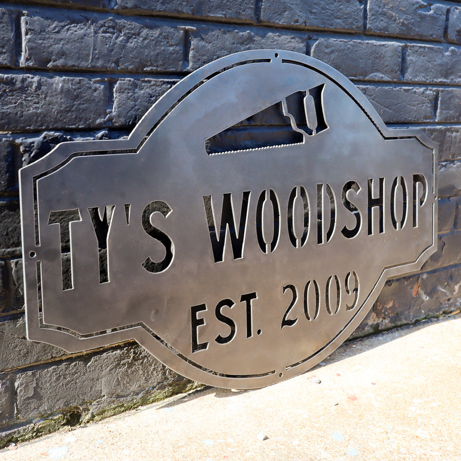 Personalized Woodshop Metal Sign - Vintage Workshop Decor - Man Cave Garage Wall Art