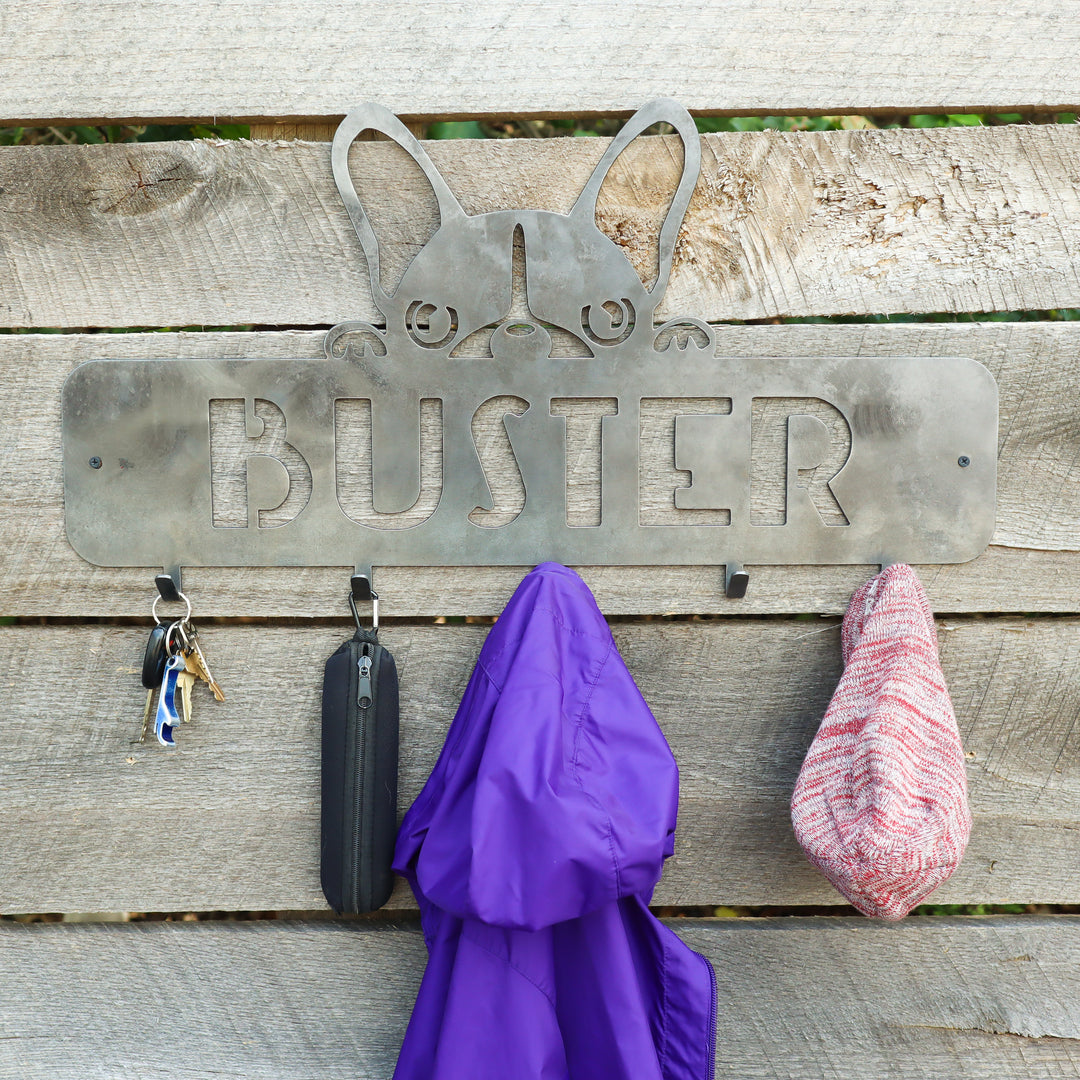 French Bulldog Coat Rack - Personalized Dog Leash Holder Hooks, Wall Mount Organization Decor, Personalized Home Decor