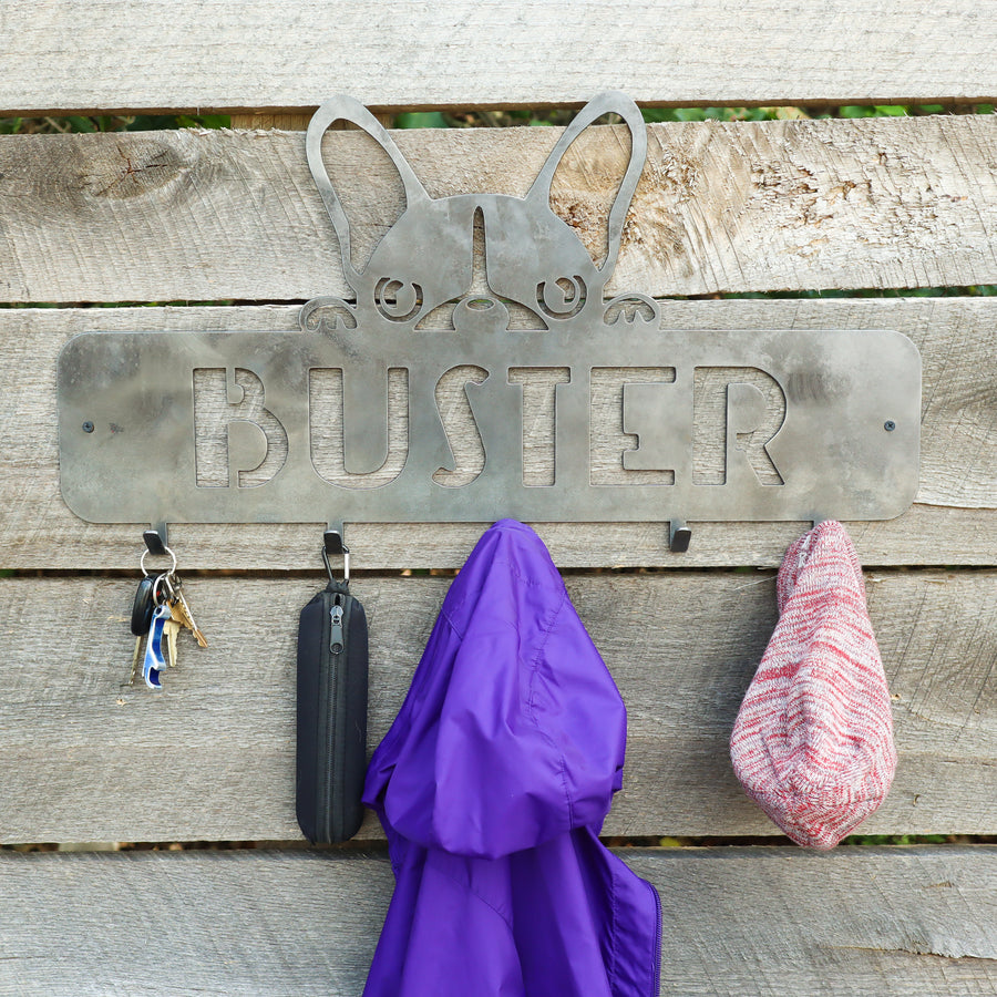 French Bulldog Coat Rack - Personalized Dog Leash Holder Hooks - Wall Mount Organization Decor