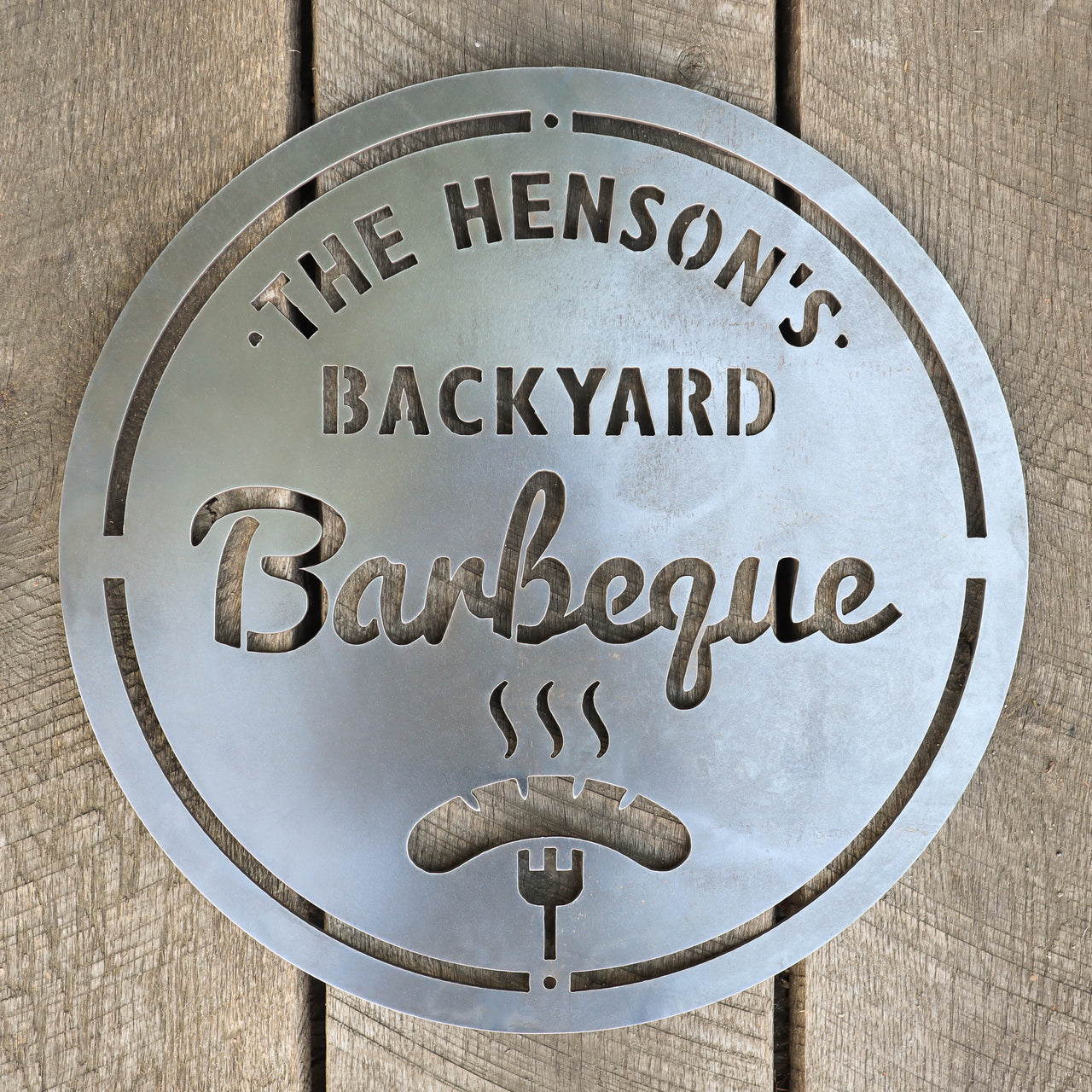 Personalized Metal Family Backyard Barbeque Sign - Outdoor Last Name Grilling BBQ Patio Decor - Man Cave Wall Art