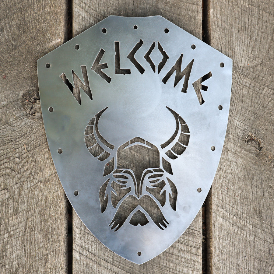 Welcome Viking Shield - Nordic Metal Front Door Sign - Norse Wedding, Kids Room, Man Cave Decor