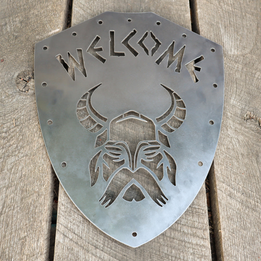 Welcome Viking Shield - Nordic Metal Front Door Sign - Norse Wedding, Kids Room, Man Cave Decor