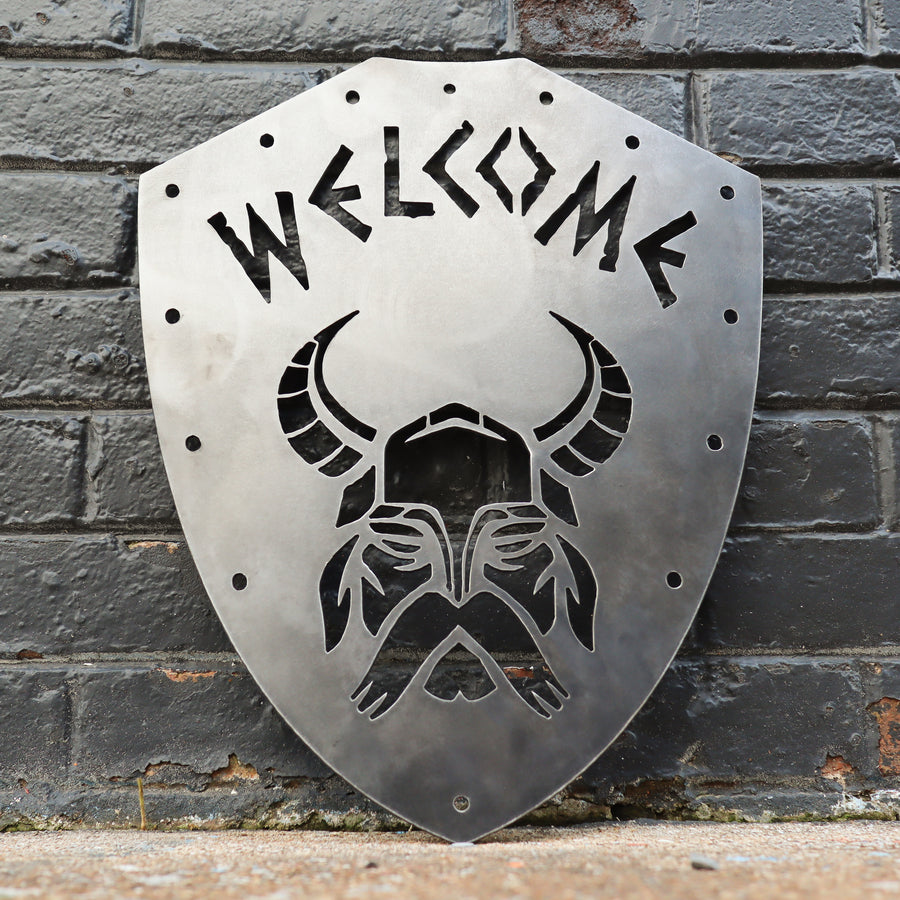 Welcome Viking Shield - Nordic Metal Front Door Sign - Norse Wedding, Kids Room, Man Cave Decor