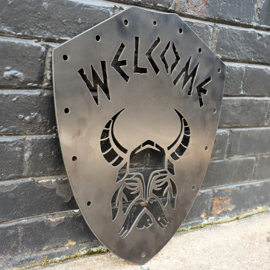 Welcome Viking Shield - Nordic Metal Front Door Sign - Norse Wedding, Kids Room, Man Cave Decor