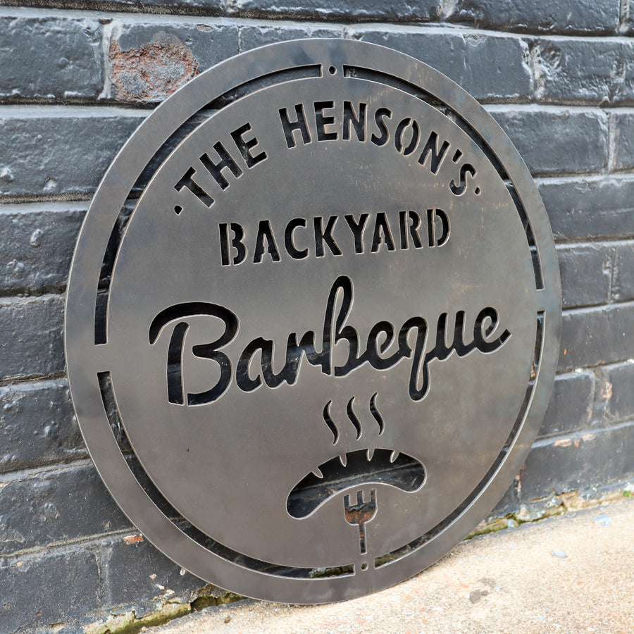 Personalized Metal Family Backyard Barbeque Sign - Outdoor Last Name Grilling BBQ Patio Decor - Man Cave Wall Art