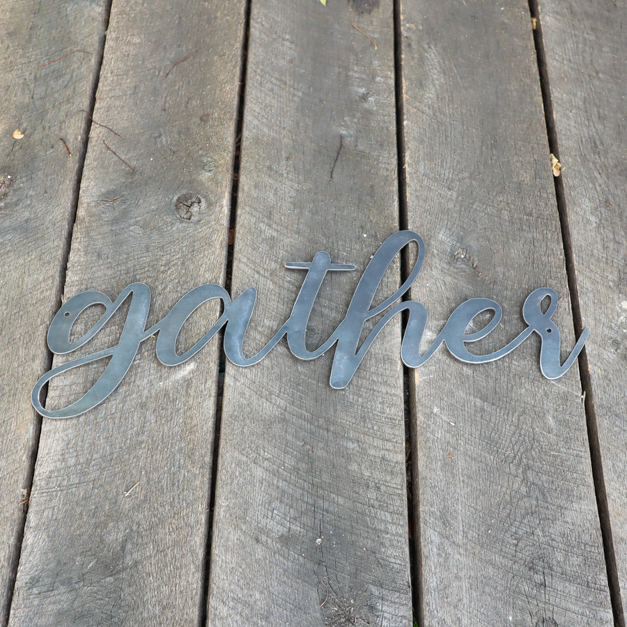 Gather Metal Sign - Rustic Cursive Word Home Decor - Farmhouse Kitchen Dining Wedding Wall Art
