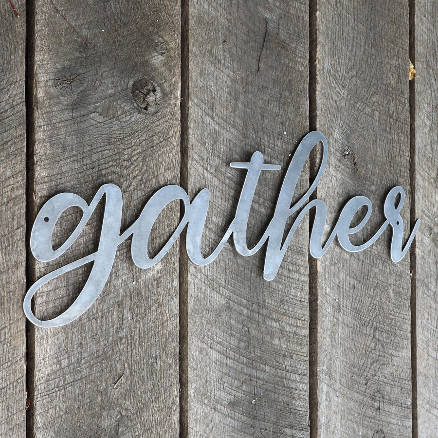 Gather Metal Sign - Rustic Cursive Word Home Decor - Farmhouse Kitchen Dining Wedding Wall Art