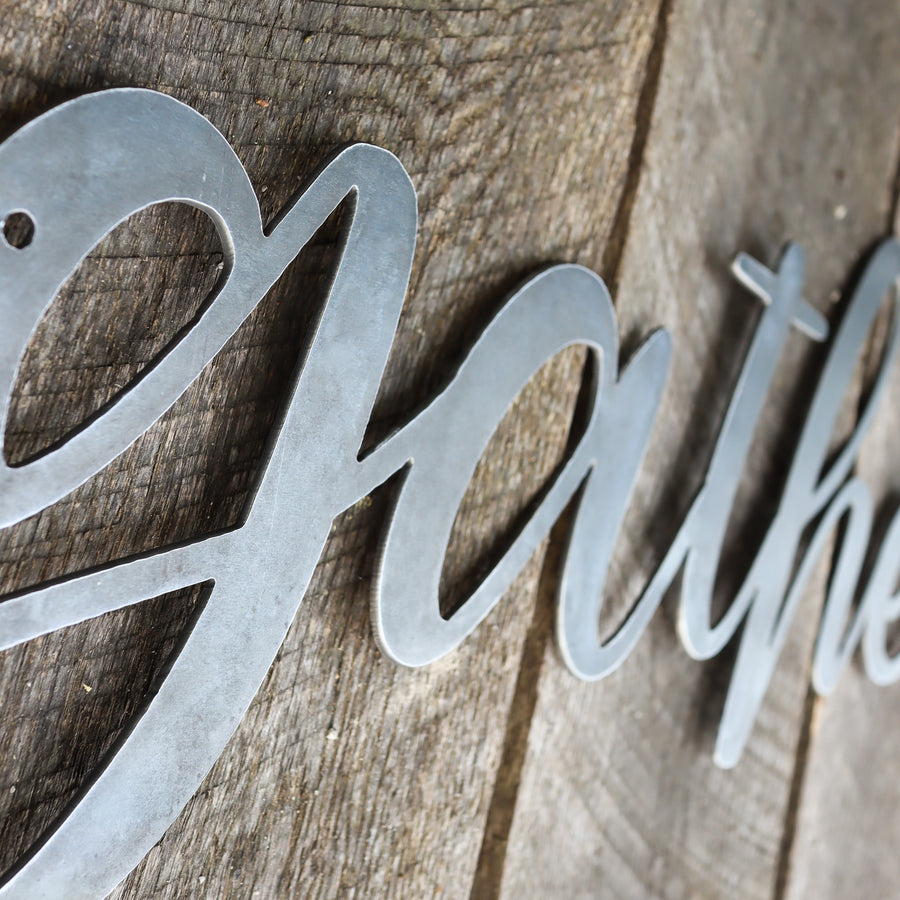 Gather Metal Sign - Rustic Cursive Word Home Decor - Farmhouse Kitchen Dining Wedding Wall Art