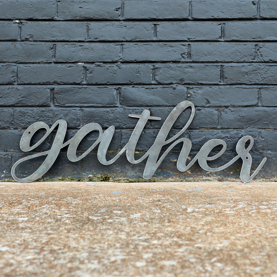 Gather Metal Sign - Rustic Cursive Word Home Decor - Farmhouse Kitchen Dining Wedding Wall Art
