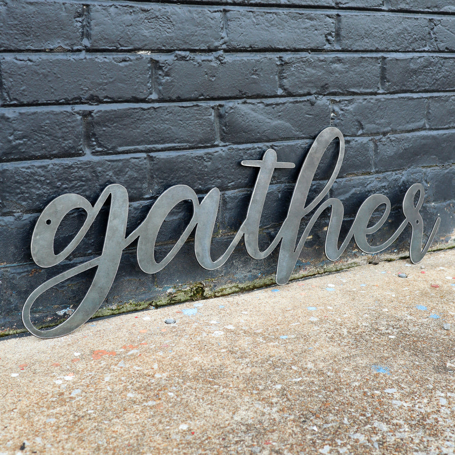 Gather Metal Sign - Rustic Cursive Word Home Decor - Farmhouse Kitchen Dining Wedding Wall Art