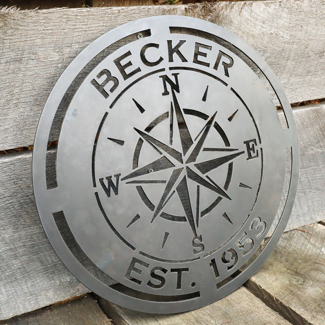Compass Rose Wedding Gift Sign - Personalized Metal Nautical Wall Art, Established Date Anniversary, Rustic Interior Decor