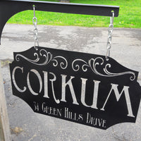 Thumbnail for This custom metal sign is Powdercoated and comes with a matching hanging post, silver chain and carabiners. The hanging sign reads, 