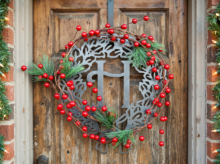 Monogram Christmas Wreath + Door Hanger Set – Personalized Steel Front Door Christmas Decor
