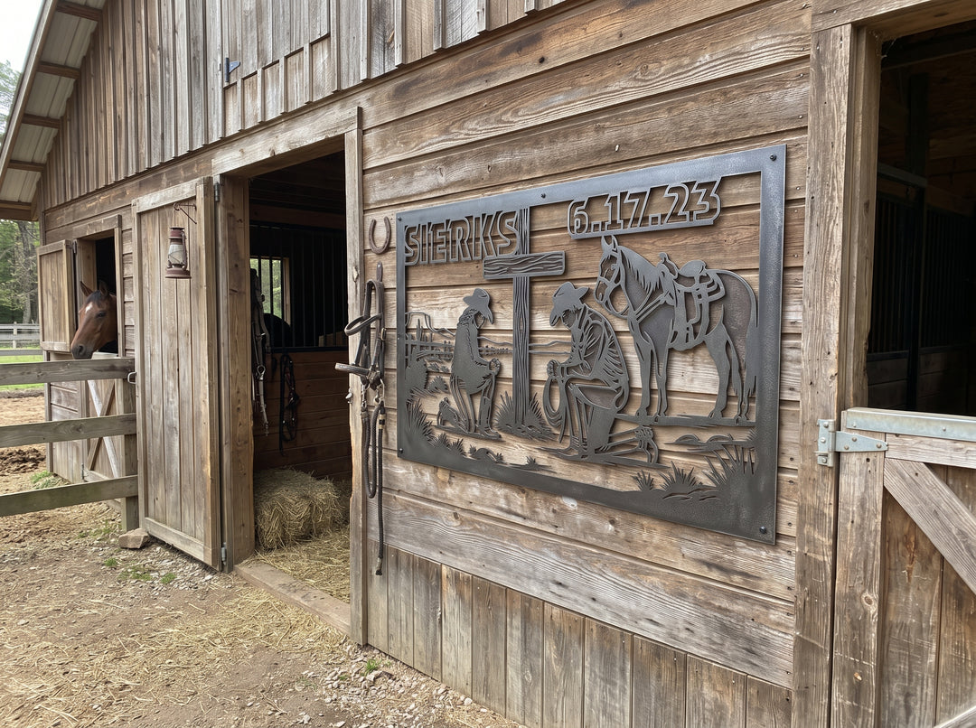 Custom Praying Cowboy Metal Sign – Personalized Western Wedding Gift – Steel Cross Wall Art