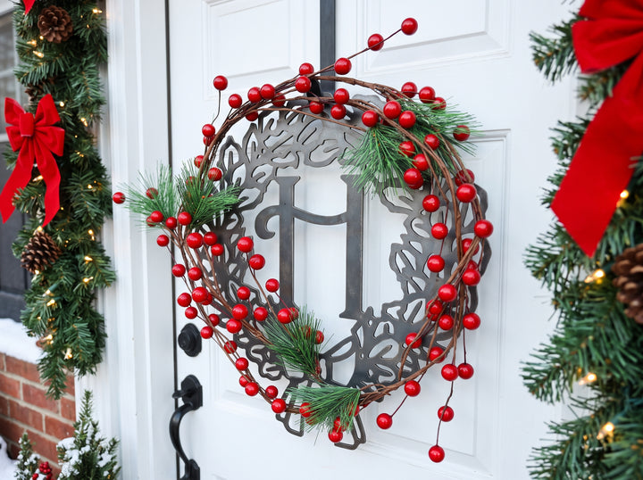Monogram Christmas Wreath + Door Hanger Set – Personalized Steel Front Door Christmas Decor