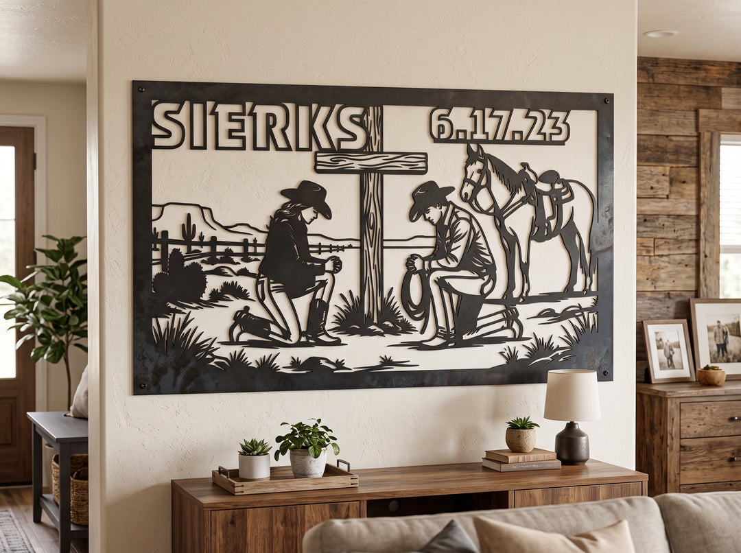 Custom Praying Cowboy Metal Sign – Personalized Western Wedding Gift – Steel Cross Wall Art