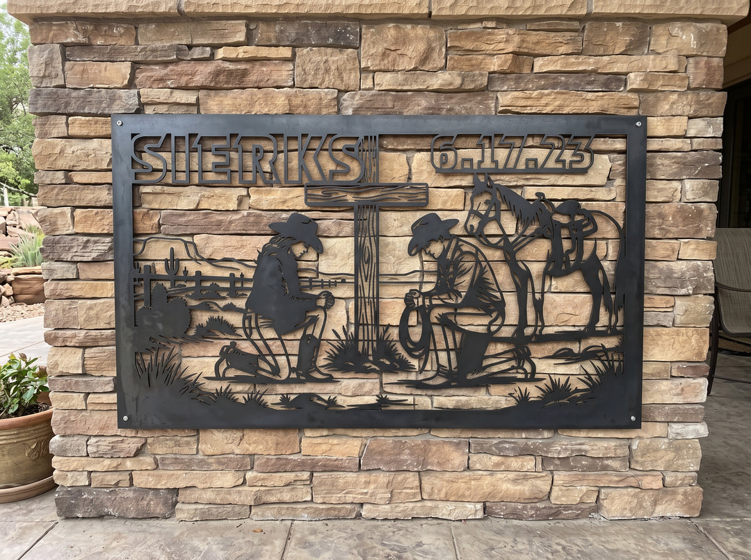 Custom Praying Cowboy Metal Sign – Personalized Western Wedding Gift – Steel Cross Wall Art