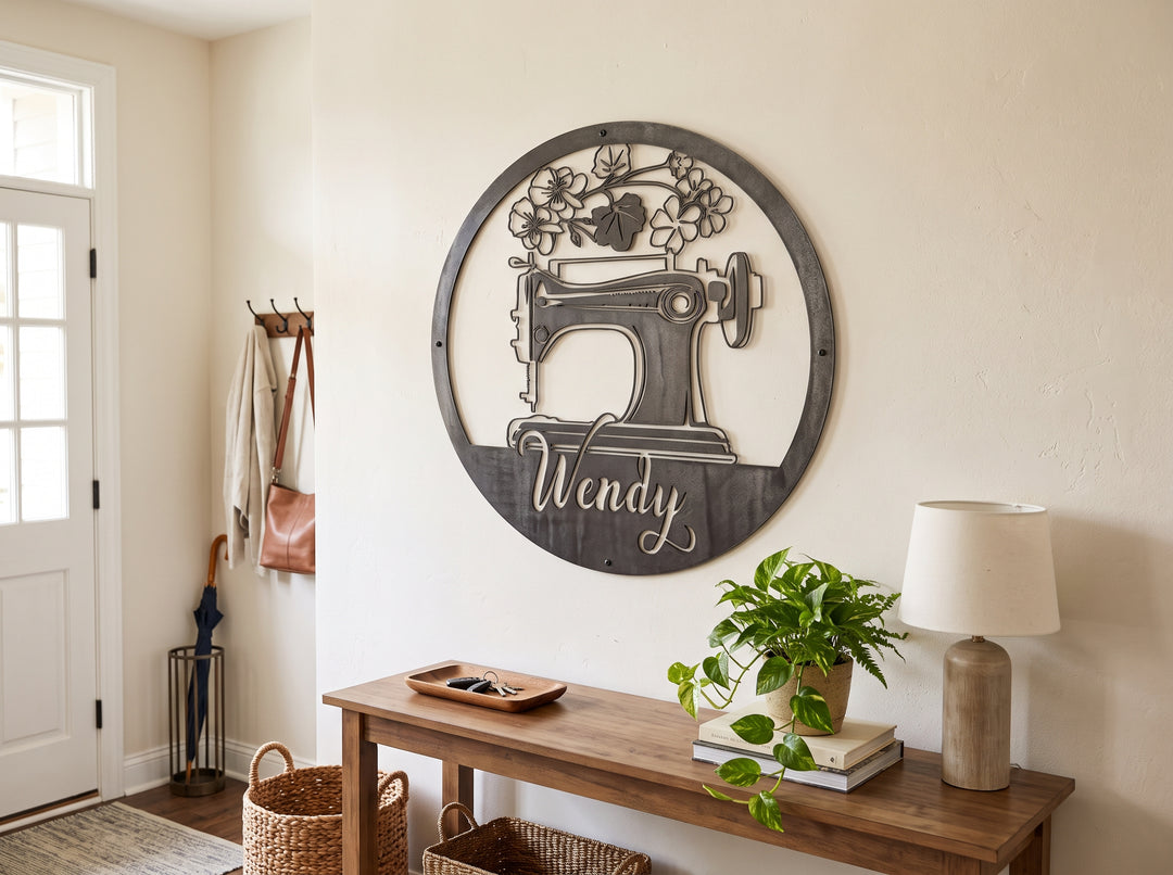 Personalized Sewing Machine Sign – Custom Round Metal Sewing Room Decor – Seamstress Name Wall Art