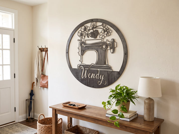 Personalized Sewing Machine Sign – Custom Round Metal Sewing Room Decor – Seamstress Name Wall Art