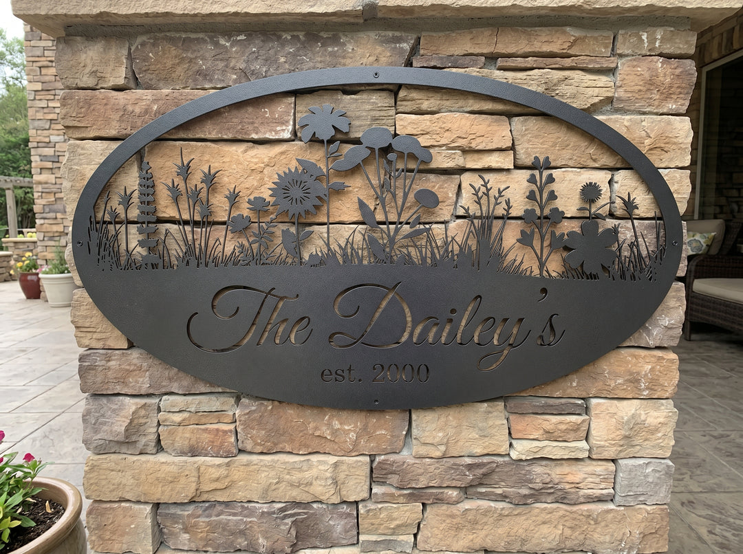 Personalized Wildflower Family Name Sign – Custom Oval Metal Meadow Wall Art with Established Year