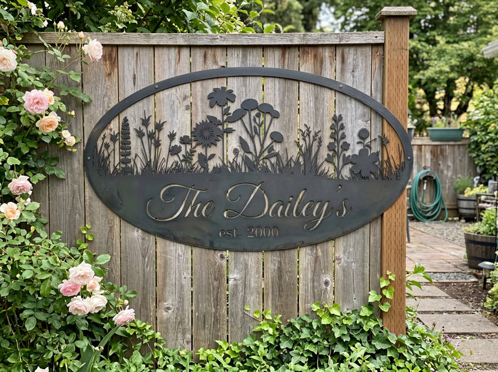 Personalized Wildflower Family Name Sign – Custom Oval Metal Meadow Wall Art with Established Year