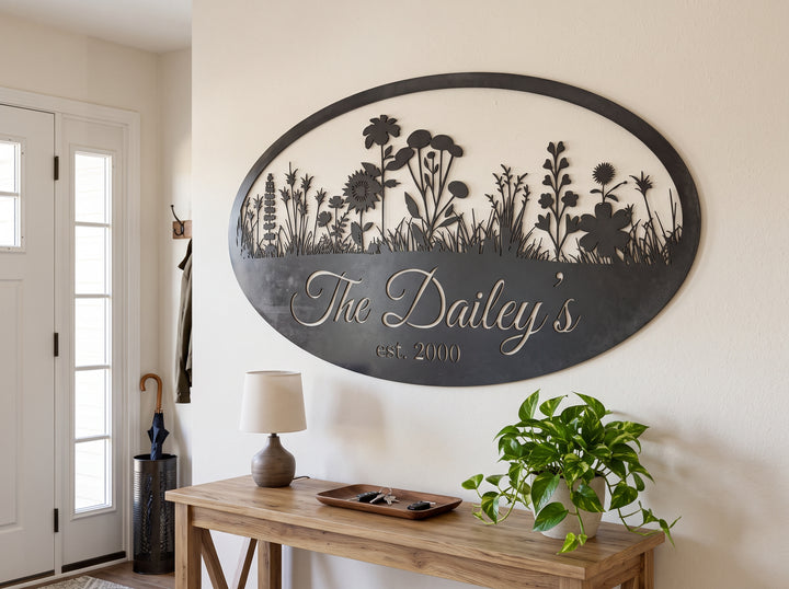 Personalized Wildflower Family Name Sign – Custom Oval Metal Meadow Wall Art with Established Year