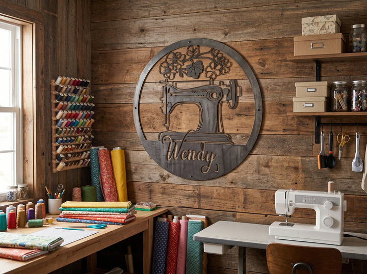 Personalized Sewing Machine Sign – Custom Round Metal Sewing Room Decor – Seamstress Name Wall Art