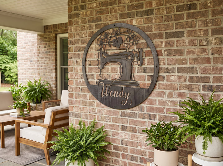 Personalized Sewing Machine Sign – Custom Round Metal Sewing Room Decor – Seamstress Name Wall Art