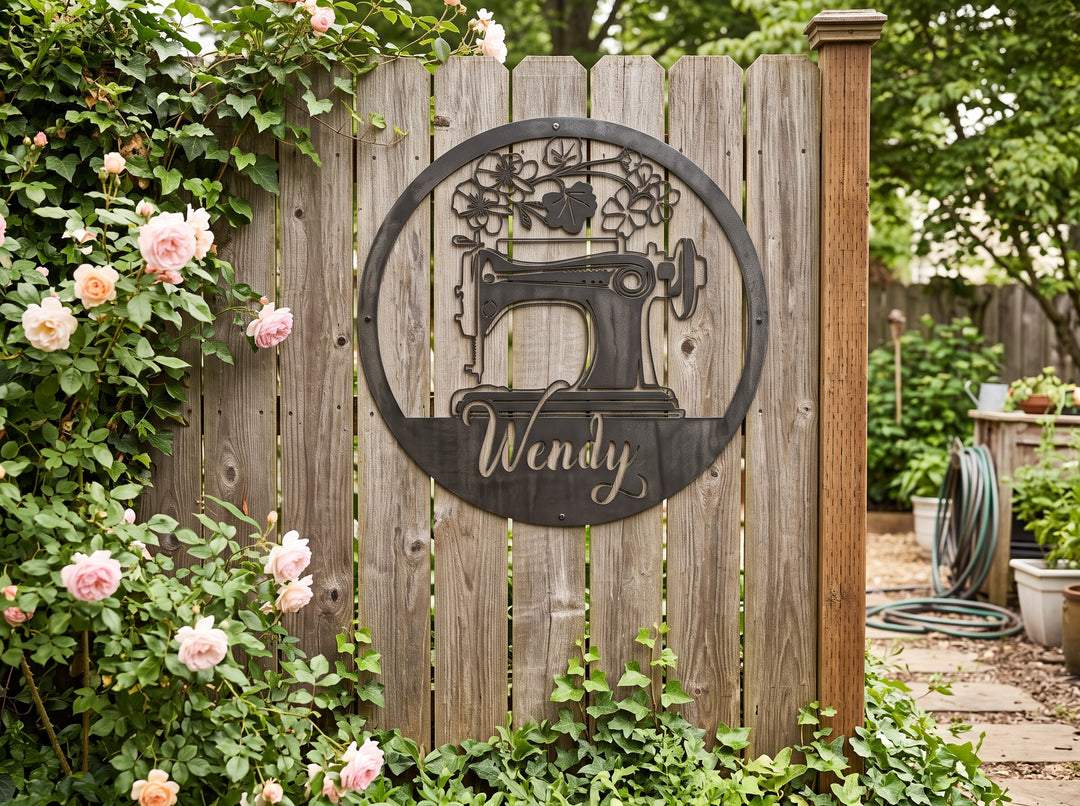 Personalized Sewing Machine Sign – Custom Round Metal Sewing Room Decor – Seamstress Name Wall Art