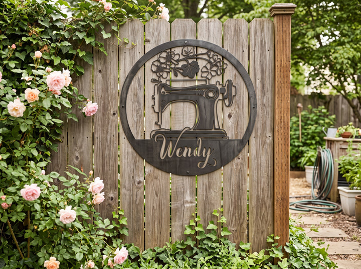 Personalized Sewing Machine Sign – Custom Round Metal Sewing Room Decor – Seamstress Name Wall Art