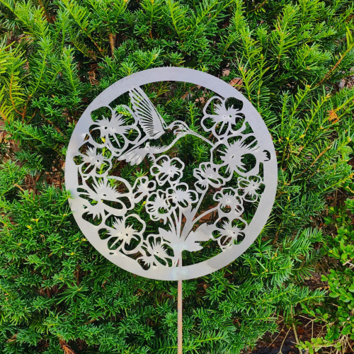 Hummingbird & Pansies Garden Stake