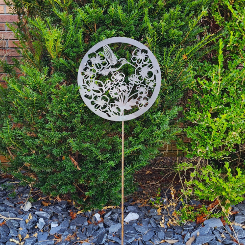 Hummingbird & Pansies Garden Stake