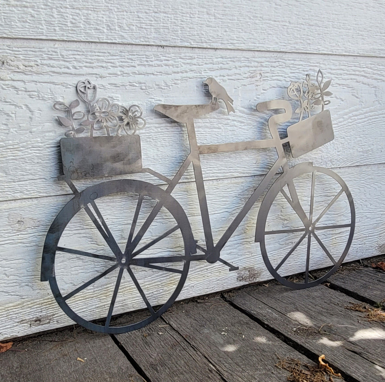 Bicycle with Flowers Living Room Decor - Minimalist Metal Wall Art - Rusty Garden Art