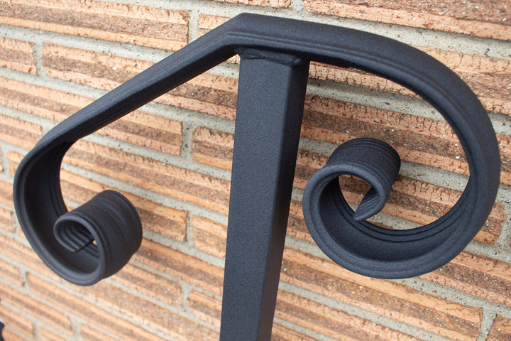 one step handrail
decorative stair railing
metal handrail for steps
black scroll handrail
powder coated outdoor railing
DIY porch rail
single step handrail
wrought iron look handrail
garage stair grab rail
metal railing kit