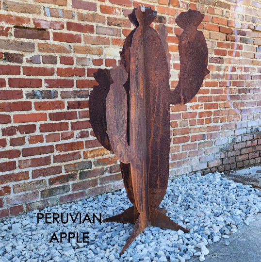 A rusted metal sculpture of a cactus, designed to be placed in a garden, with the text 'PERUVIAN APPLE' at the bottom.