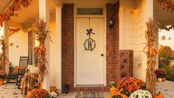 Fall Door & Porch Set: Monogram Wreath + Hanger + Fall Leaves Garden Column | Maker Table