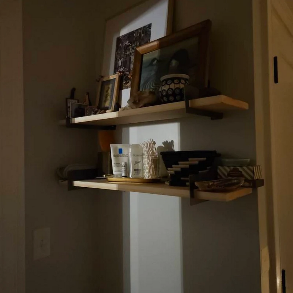 Modern steel shelf support sized for 1x lumber