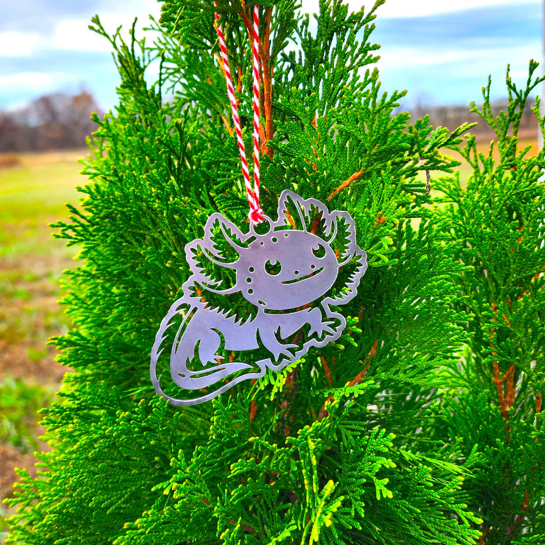 • steel axolotl Christmas ornament handmade in Tennessee

