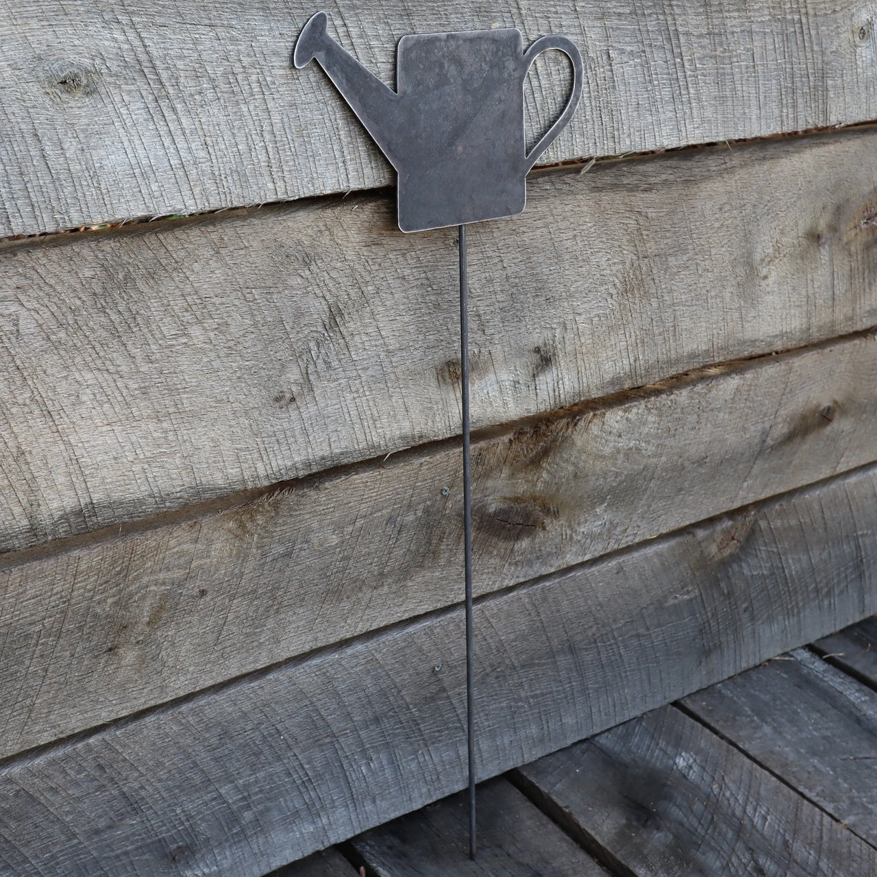 Metal Watering Can Garden Stake - Steel Gardening Decor - Tool Yard Art Marker - Rustic Outdoor Decor