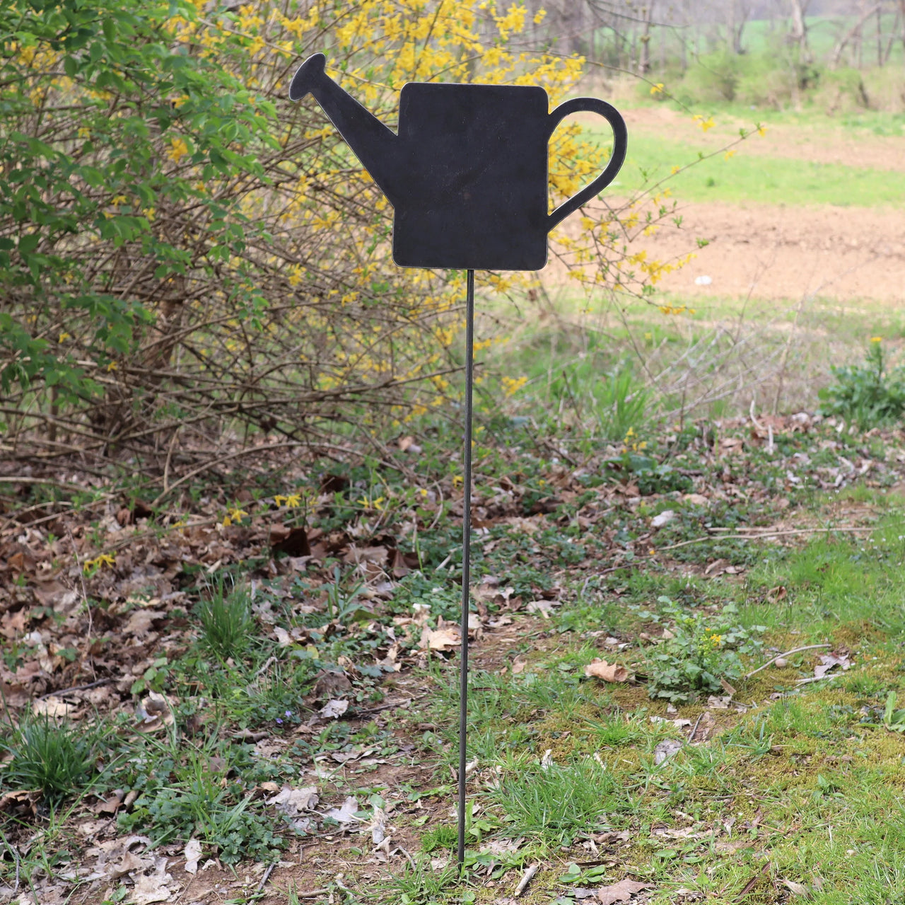 Metal Watering Can Garden Stake - Steel Gardening Decor - Tool Yard Art Marker - Rustic Outdoor Decor