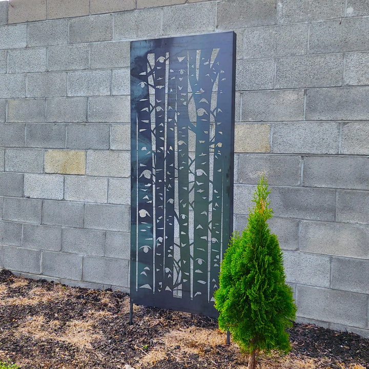Outdoor Metal Privacy Panel – Birch Tree Garden Screen with Ground Stakes, Decorative Steel Yard Divider for Patio & Landscaping