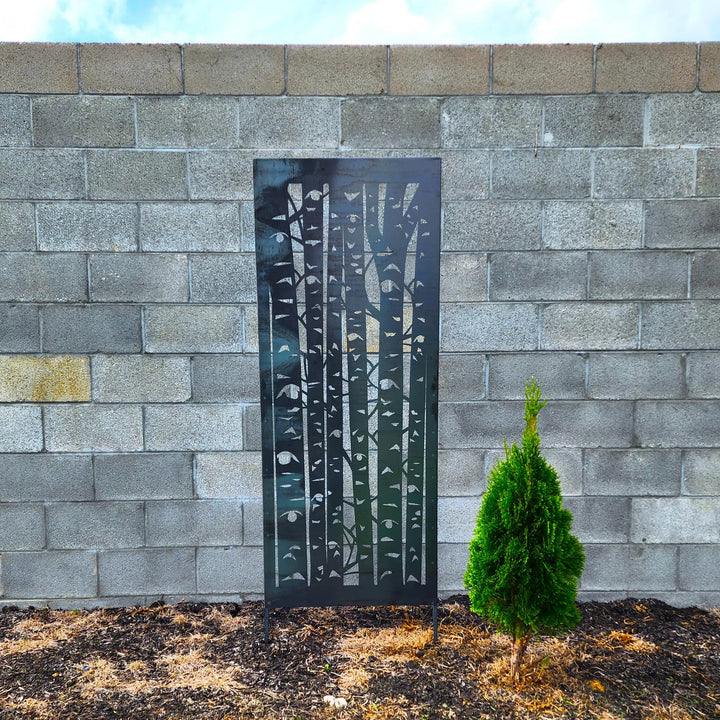 Outdoor Metal Privacy Panel – Birch Tree Garden Screen with Ground Stakes, Decorative Steel Yard Divider for Patio & Landscaping
